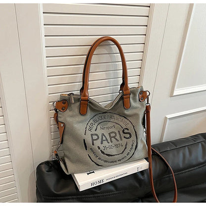 Portable Canvas New Trend Fashion Women's Bag Letter Large Capacity Tote Bag Leisure Commuting Single Shoulder Diagonal Span