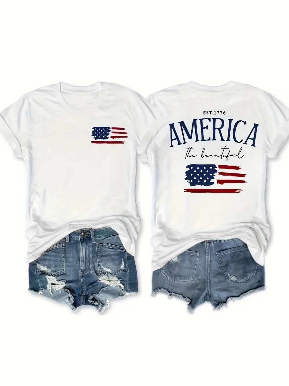 American Flag Print T-Shirt Independence Day Short Sleeve Crew Neck Casual Top For Summer & Spring Women's Clothing