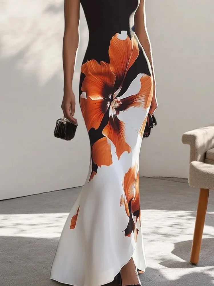 Skinny Sleeveless Flower Print Dress Women's Evening Dresses Elegant Sexy Outfit Black White Flowers Party Dress Robe