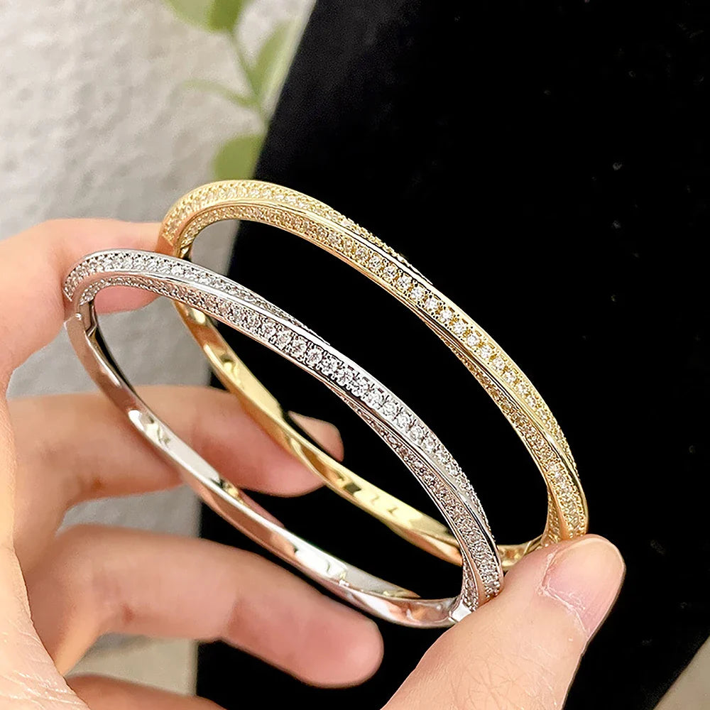 Bangle Micro Pave Moissanite Diamond Bracelet for Women 925 Sterling Silver Plated 18k Gold Eternity Twisted Bangle