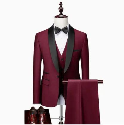 US Size Men Lapel Black Collar 3 Pcs Suit Set Coat Vest Trousers / Business Groom Wedding Dress Fprmal Blazer Pants Waistcoat