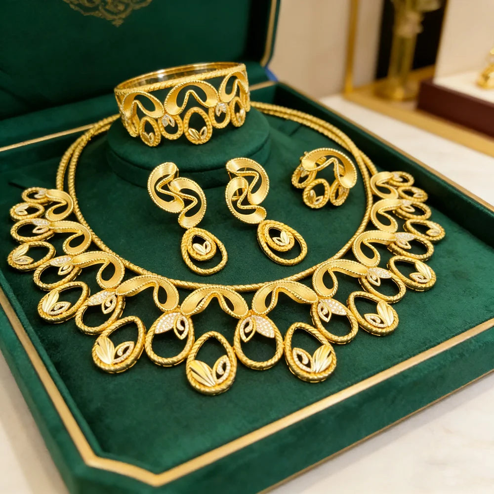 Trendy 4PCS Luxury Turquoise Statement Jewelry Sets For Women Wedding Cubic Zircon Indian African Dubai Bridal Necklace