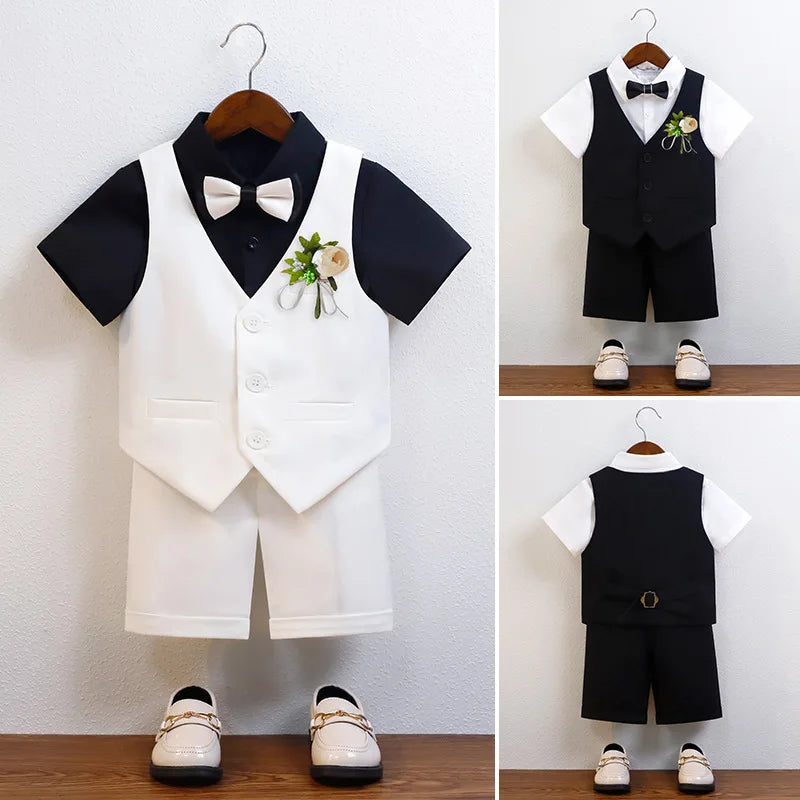 Children Boy Summer Cool Green Suit Kids Boys Vest Shirt Shorts Bowtie Ceremony Costume Formal Boys Breathable Slim Wedding Suit