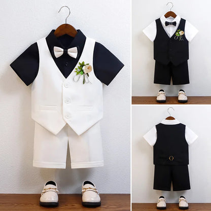 Children Boy Summer Cool Green Suit Kids Boys Vest Shirt Shorts Bowtie Ceremony Costume Formal Boys Breathable Slim Wedding Suit