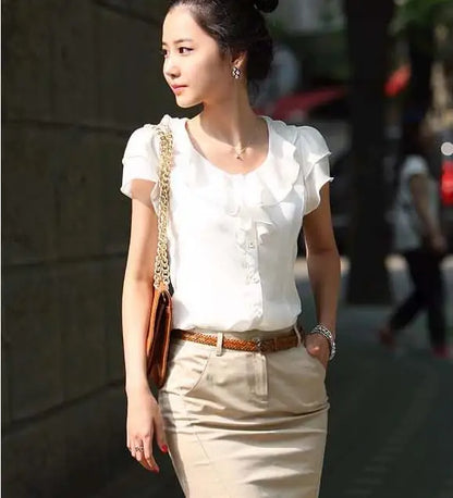 1pcs Woman Summer Korean Ruffled Shirt Lady Chiffon Lotus Leaf Sleeves Turndown Collar Slim Fit Shirt Female Business Attire Top