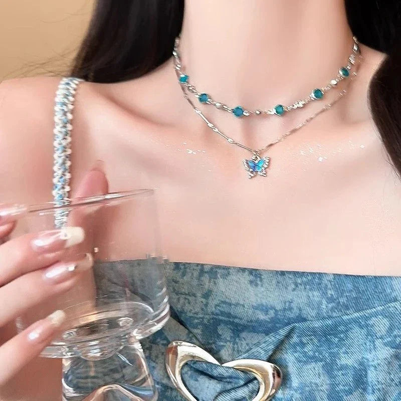 Romantic Blue Crystal Butterfly Necklace for Women Girls Simple Shiny Zircon Bilayer Choker Clavicle Chain New Fine Jewelry