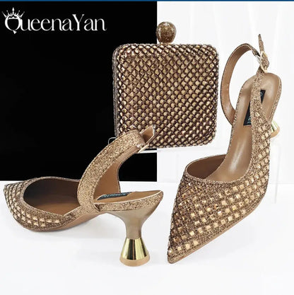 Italian Design Rhinestone Luxury Green Colour Pointed Toe Shoe & Bag Set Women's High Heels for Parties High Quality