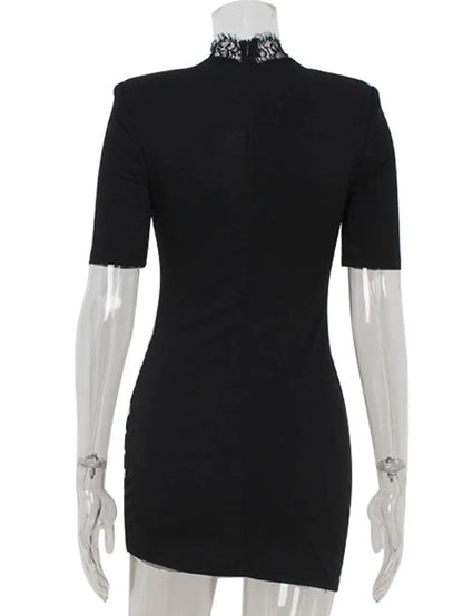 Sexy Sheath Women's Mini Dresses Solid Lace Turtleneck Slim Fit Bodycon Hollow Out Half Sleeves Streetwear Vestidos Robe GX98