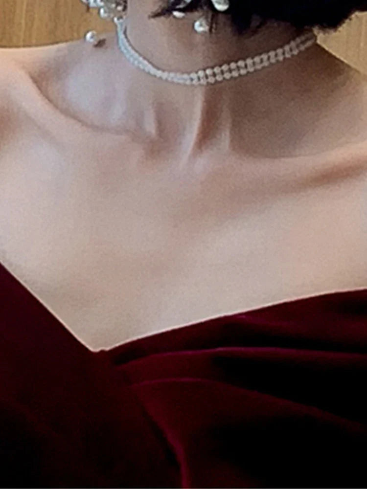 Spring Long Luxury Elegant Wine Red Soft Velvet Evening Party Wedding Dresses for Women 2022 Off Shoulder Maxi Dress