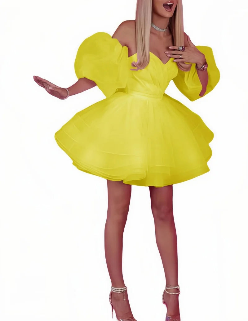 Vestidos de baile de cetim e tule ombro a ombro para festa, vestido de baile curto de coração, vestido de baile com mangas bufantes em linha A
