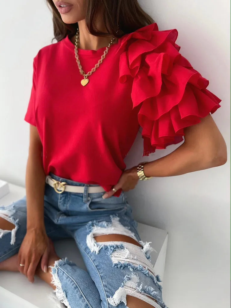 Women Summer Ruffles Short Sleeve Loose T Shirt Chic Elegant Solid O Neck Tops Casual Simple All Match Tee Streetwear Blouse