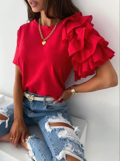 Women Summer Ruffles Short Sleeve Loose T Shirt Chic Elegant Solid O Neck Tops Casual Simple All Match Tee Streetwear Blouse