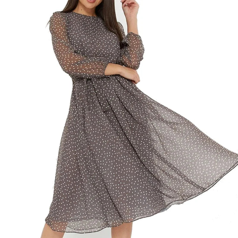 Spring and Summer Chiffon Dress Long Sleeved Solid Color Polka Dot Dress Elegant Lantern Sleeve Round Neck High Waisted Dresses
