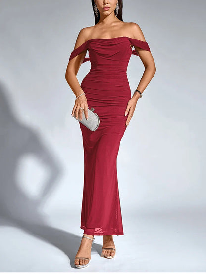 Women's Off Shoulder Ruched Mesh Long Corset Dress Backless Fishbone Bodycon Elegant Fashion Party Club Maxi Dresses