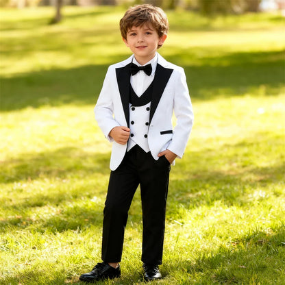 Brand Suit Set for Boys 3-14 Yrs, Classic Black Collar Suit Jacket Vest Pants Bowtie Set, Communion Party Suits Toddler