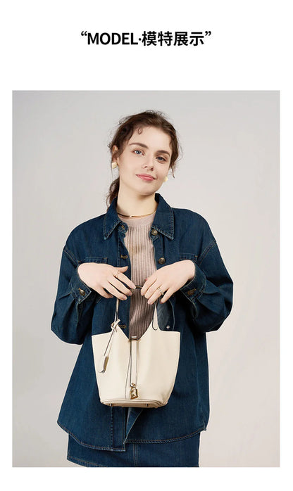 2025 Casual Fashion Female Genuine Leather Bucket Bag Luxury Handbag High-End Tote Bag Woman Cow Leather Mommy Bag & Metal Lock