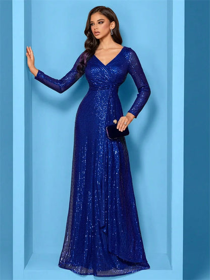 Luxury Blue Evening Dresses Women Elegant 2025 Long Sleeve Mermaid Formal Sequins Prom Wedding Party Cocktail Graduation Gowns