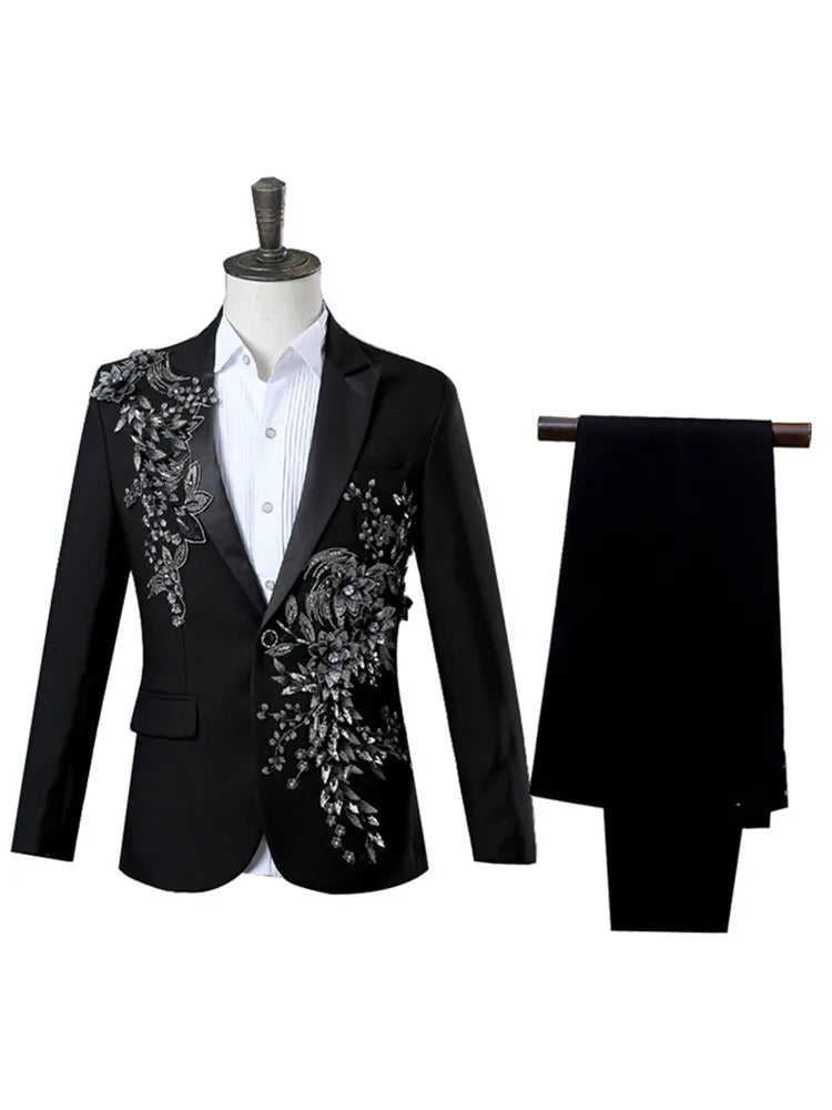 Elegant Appliqued Two-piece Men's Suit for Wedding Banquet Host Dance Prom Christmas Costume Men Blazer Chinese Style