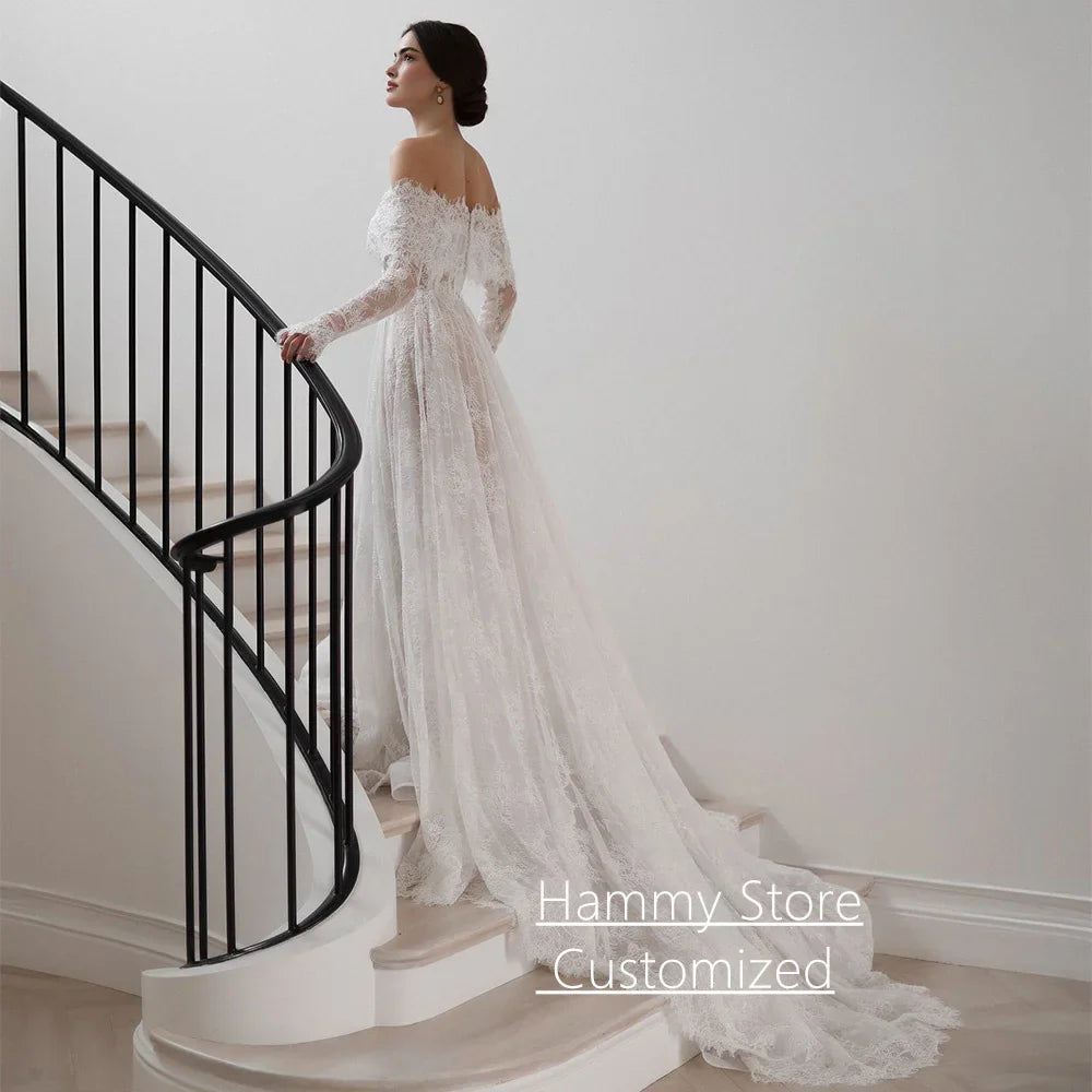 Exquisite Arabian Lace Wedding Dress Customized Off The Shoulder Long Sleeves Pearls A Line Corset Arab Bridal Gown