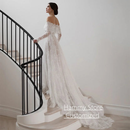 Exquisite Arabian Lace Wedding Dress Customized Off The Shoulder Long Sleeves Pearls A Line Corset Arab Bridal Gown
