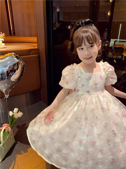 New Summer Princess Girls Dress Full Print Roses Flowers Pearl Inlay Decoration Puff Sleeve Bow Mesh Tutu Party Dresse For Kids