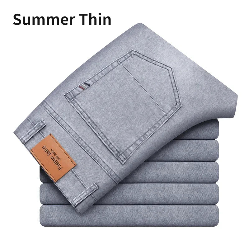 2026 Brand Thin or Thick Material Straight Cotton Stretch Denim Men's  Business Casual High Waist Light Grey Blue Jeans