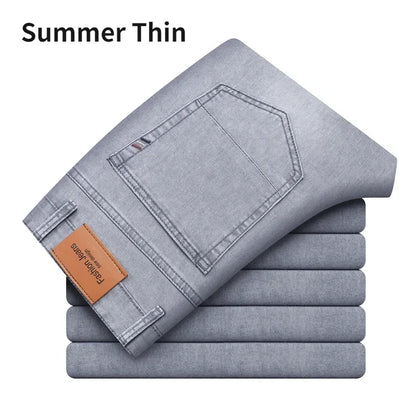 2026 Brand Thin or Thick Material Straight Cotton Stretch Denim Men's  Business Casual High Waist Light Grey Blue Jeans