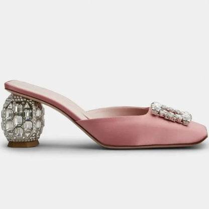 Summer Rhinestone Pumps Women Square Toe Mules Female Crystal High Heels Women Shoes Femmes Chaussures sandalias de las mujeres