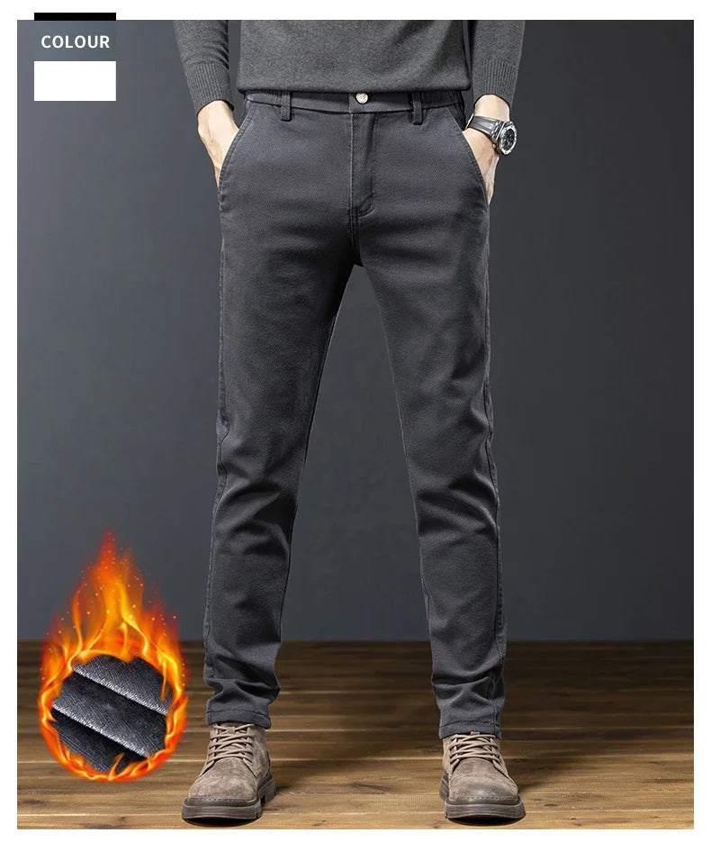 Classic Men's Fleece Slim Pants Winter Casual Velvet Business Straight Solid Thick Plush Trousers Brand Clothing Man Pants