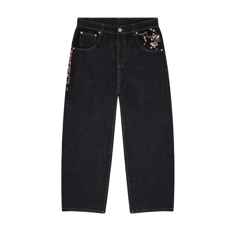 Y2K Baggy jeans Cherry Blossom Selvedge Embroidery Denim Pants men women denim fabric American Hiphop Streetwear Wide Leg Jeans