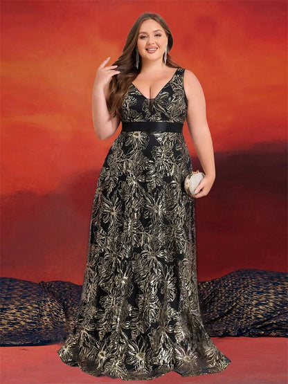 Plus Size Luxury V-Neck Black Sequins Evening Dresses Women Elegant V-back Wedding Party Long Prom Cocktail Gowns