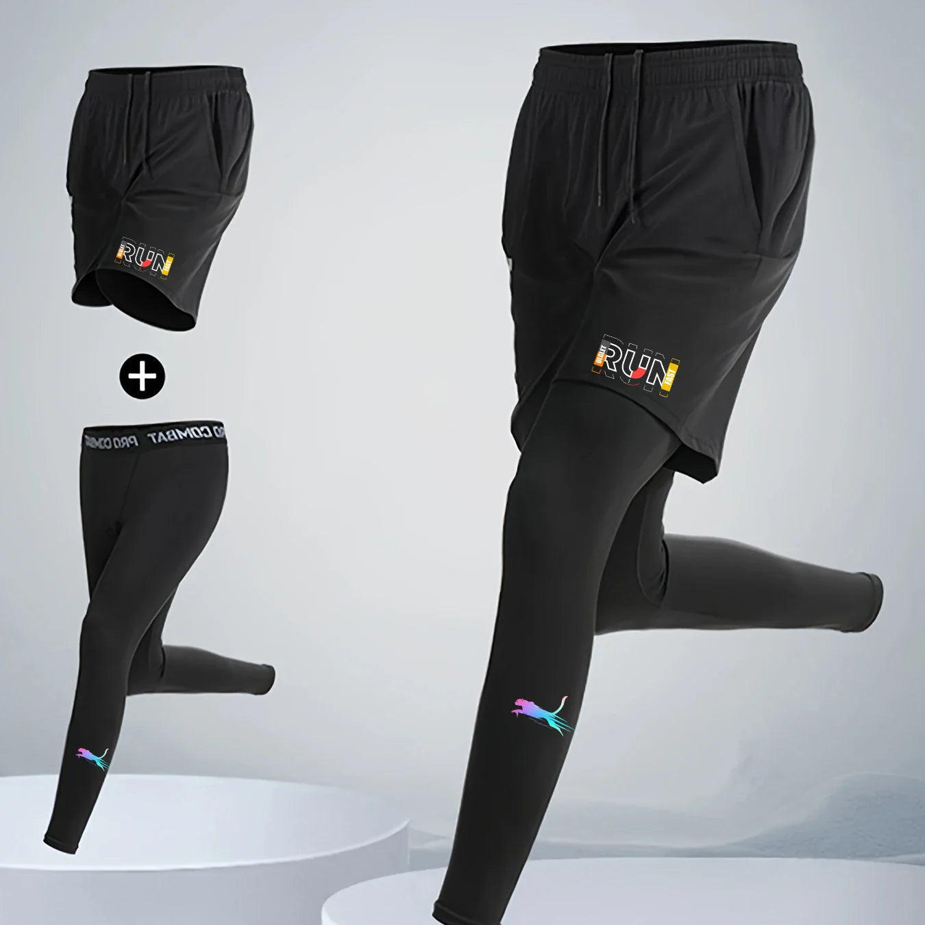 Men's 2 Piece Running Set Quick Dry Sport Shorts with Compression Tights for Gym Fitness Jogging Basketball