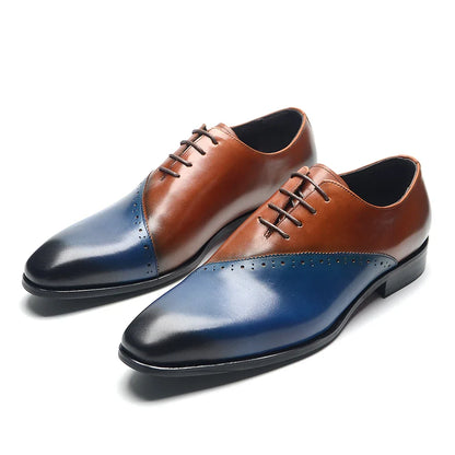 High Quality Men's Genuine Leather Wedding Dress Shoes Pointed Toe Lace-Up Formal Oxfords in Brown/Blue for Party Dinner