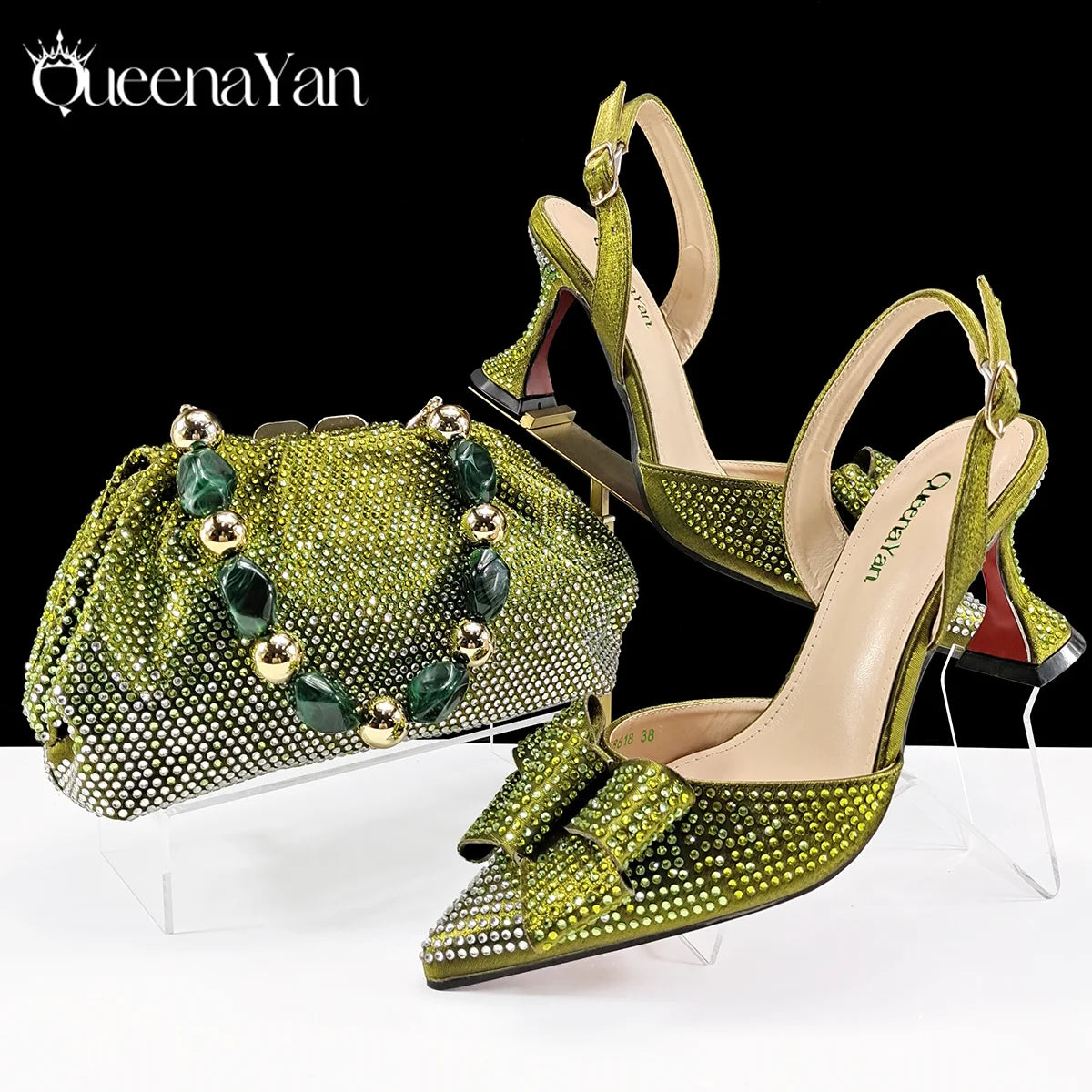 Italian Fashion Pointed Toe Women High Heel Shoes Mixed Color Effect Rhinestone Decoration Shoes And Bag Set