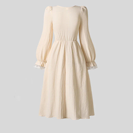 2025 New Girls Autumn Dress Solid Color Beige Square Collar Long Sleeve Corset Strappy A-Line Dress For Girls 8-12 Years Frenchy