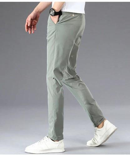 Business Thin Men's Breathable Pants Slim Straight High Elastic Slim Casual Pants Male Brand Clothing Khaki Gray Green Black