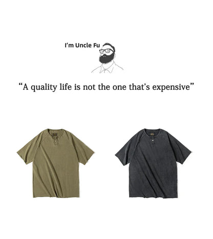 Japanese Vintage Heavyweight Henley T-Shirt Men Distressed Loose Short Sleeve Tops Casual Button Cotton Washed Tee Shirts