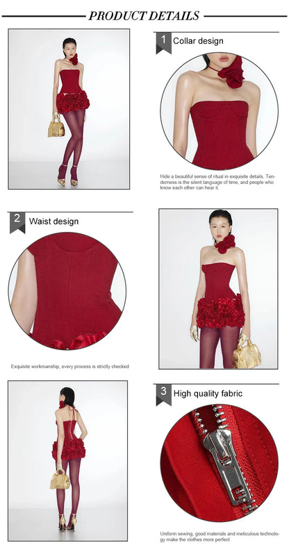Christmas Dress Strapless Backless Red Structured Floral Embellished Mini Length Bodycon Celebrity Party Cocktail Dress