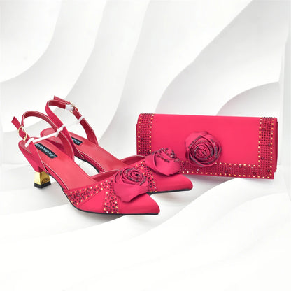 Luxury Italian Shoes and Bag Set for Women Pointed Toe High Heels Party Dress Female Pumps Decorated with Handmade Flowers