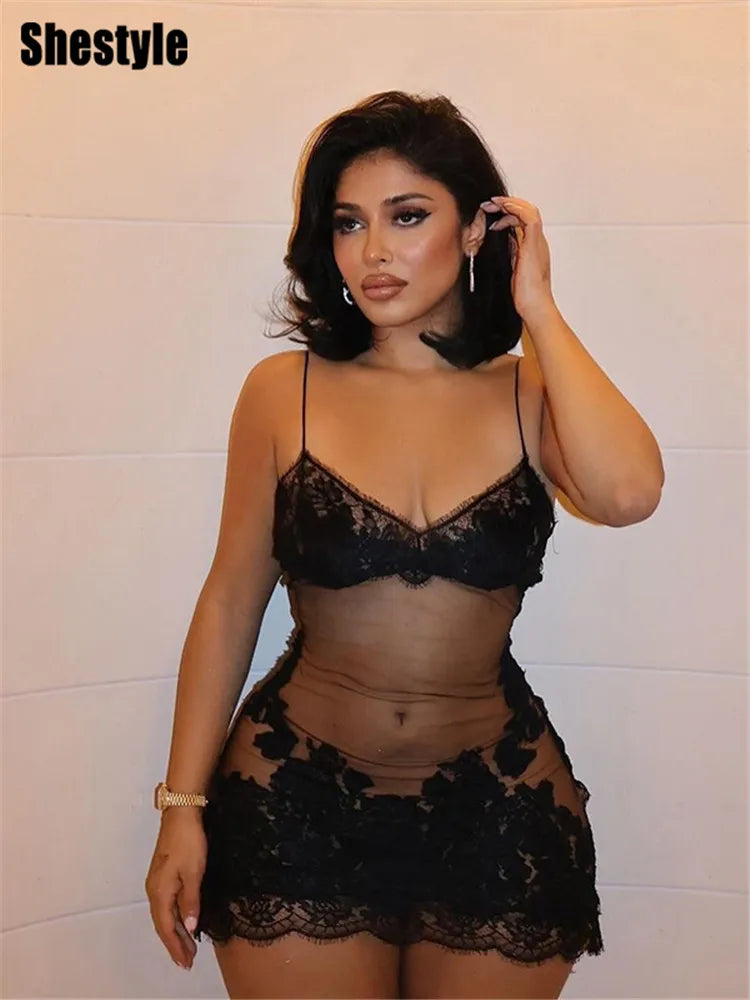 Lace Transparent Mini Dress Sexy Women Wrapping Spaghetti Embroidery Flower Sheath Nightwear Club Mesh Wave Fantacy