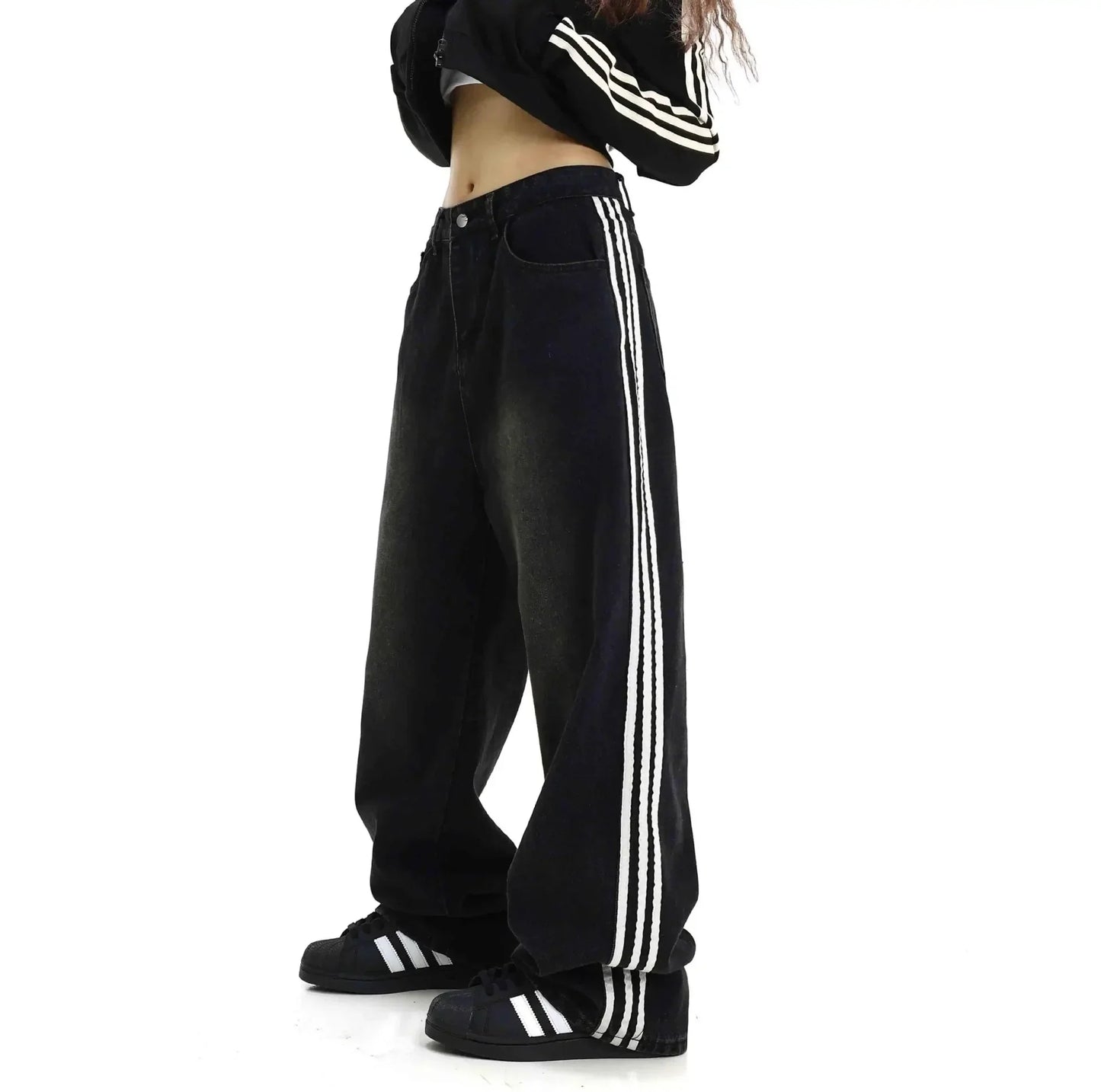 Retro Striped Loose Fit Low Waist Slimming Long Jeans