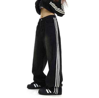 Retro Striped Loose Fit Low Waist Slimming Long Jeans
