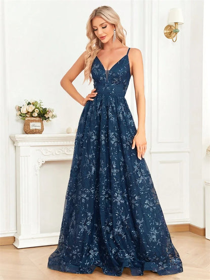 Elegant Sequins Sexy Backless Evening Dress For Women Deep V-neck Prom Party  Dress Floor Length Blue Formal Gowns