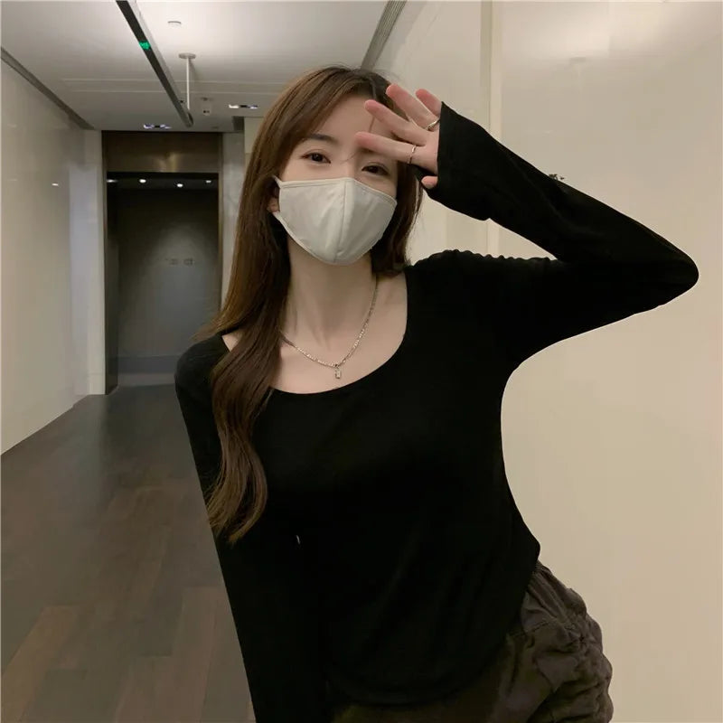 Women's temperament elegant bottoming thin section long-sleeved T-shirt irregular Slim short tops bottoming shirt