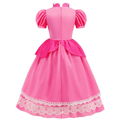 Pumber Bros Vedio Game Movie Cosplay Girl Peach Dress up Lace Ball Gown Princess Costume Kid Cute Halloween Clothing Frock 2-10Y