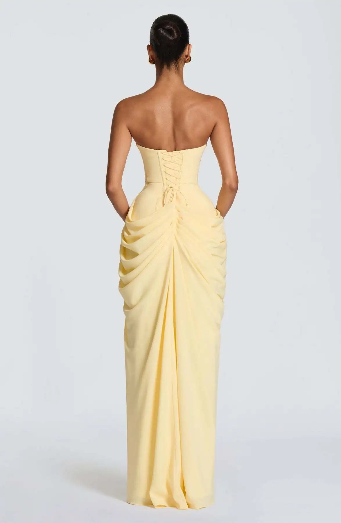 Women Sexy Solid Pleated Strapless Dress Lady Chic Off-shoulder Backless High Waist Split Dresses 2026 New Evening Party Gown