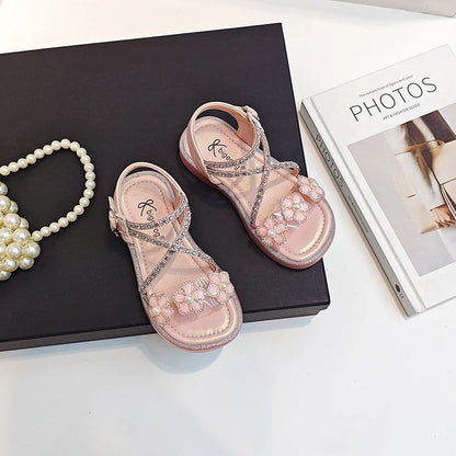 Girls Princess Sandals Children Summer Beach Shoes Soft Bottom Anti-slippery Fashion Kids Flowers Rhinestone Sandals Size 23-36