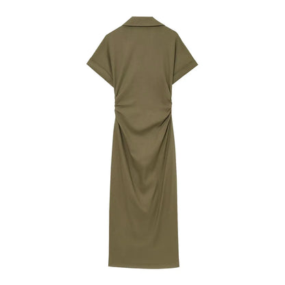 New  Women's elegant holiday style refreshing and comfortable short-sleeved V-neck MIDI dress