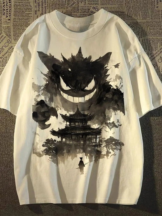 Gengar Printing Tee Pure Cotton T-shirt Men's 2026 Summer Fashion Oversize Street Casual Y2K Tops Streetwear Clothing