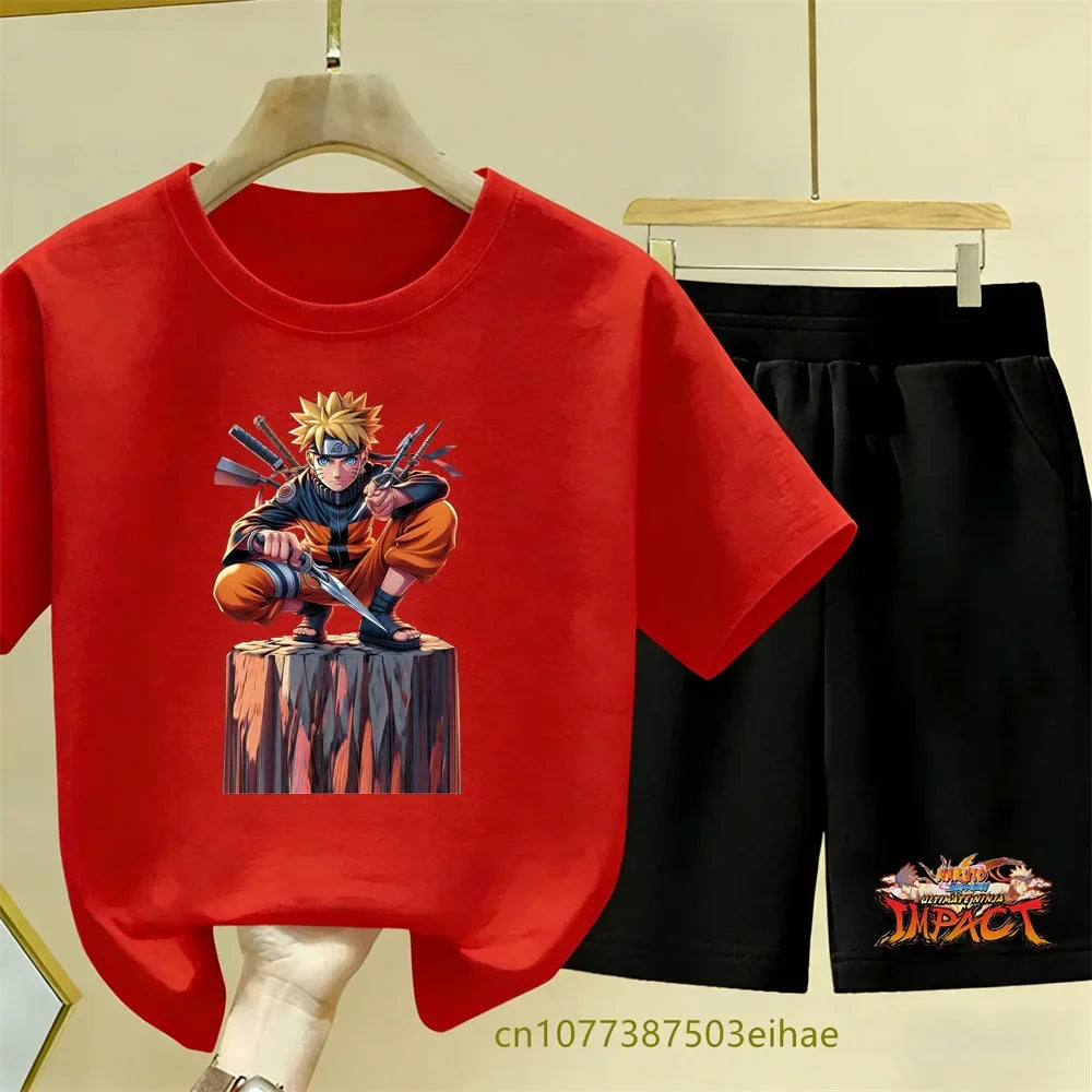Naruto Leisure Set - Cartoon Print Breathable Children's Short-Sleeved T-Shirt Perfect for Dressing Up with Loose Sports Shorts